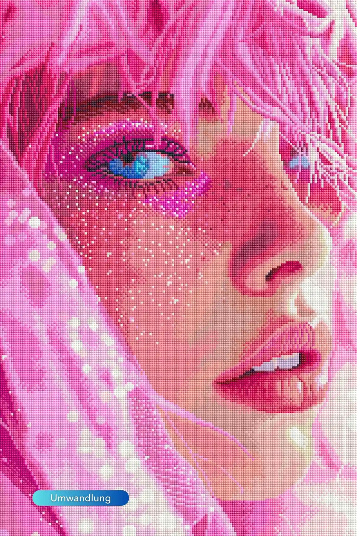 Diamond Painting Set Moni´s Special Pink Dream: Porträt einer Frau mit pinken Haaren und funkelndem Make-up im Detail.