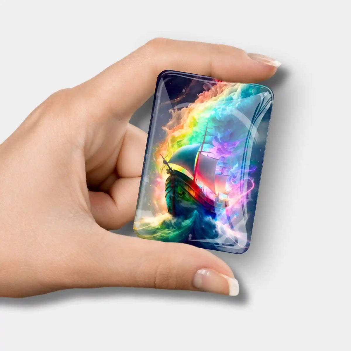 Magischer Cover Minder mit Schiff-Motiv in bunten Regenbogenfarben als praktisches Zubehör für dein Diamond Painting Set.