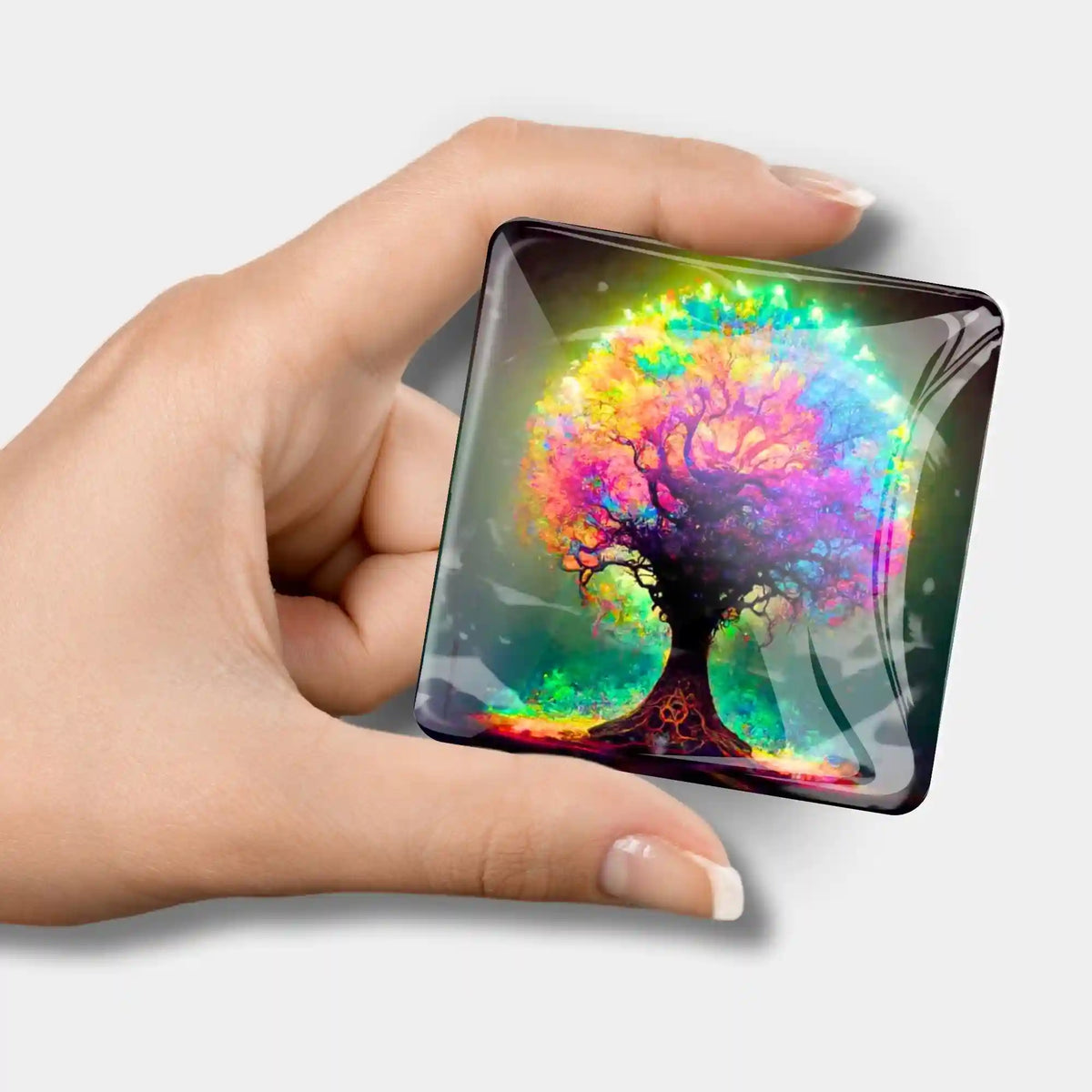 Quadratischer Diamond Painting Cover Minder mit buntem Lightning Tree Motiv in einer Hand gehalten