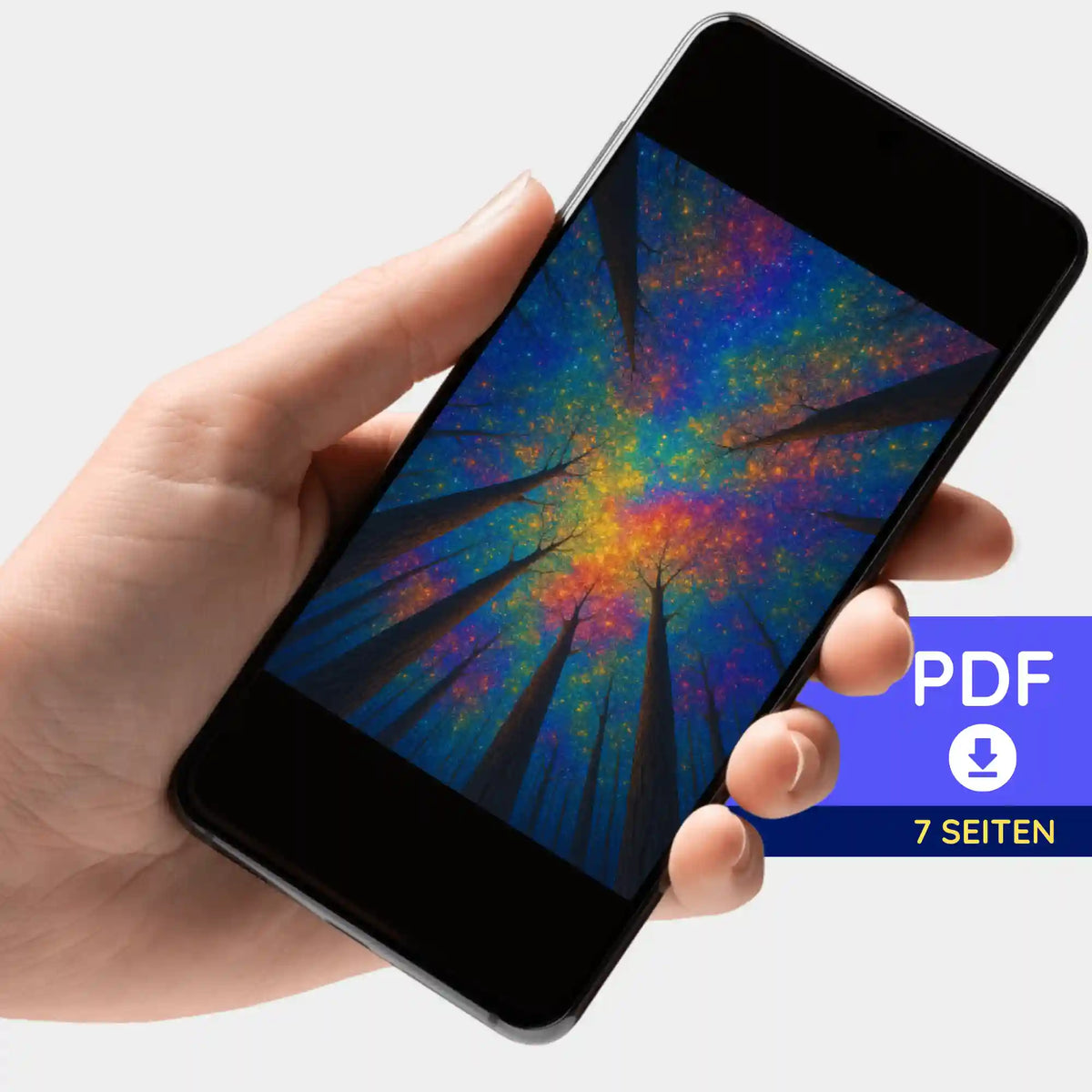 Digitale PDF-Bildmappe für Diamond Painting Regenbogenwald Motiv auf einem Smartphone zur Ansicht präsentiert