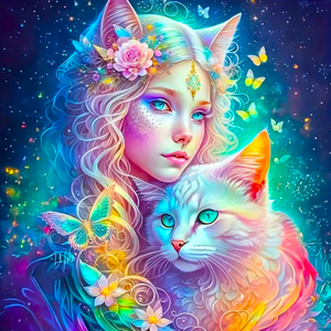 Buntes Diamond Painting Set Katzenelfe mit funkelnden Strasssteinen, Fantasy-Motiv einer Elfe mit Katze und Schmetterlingen