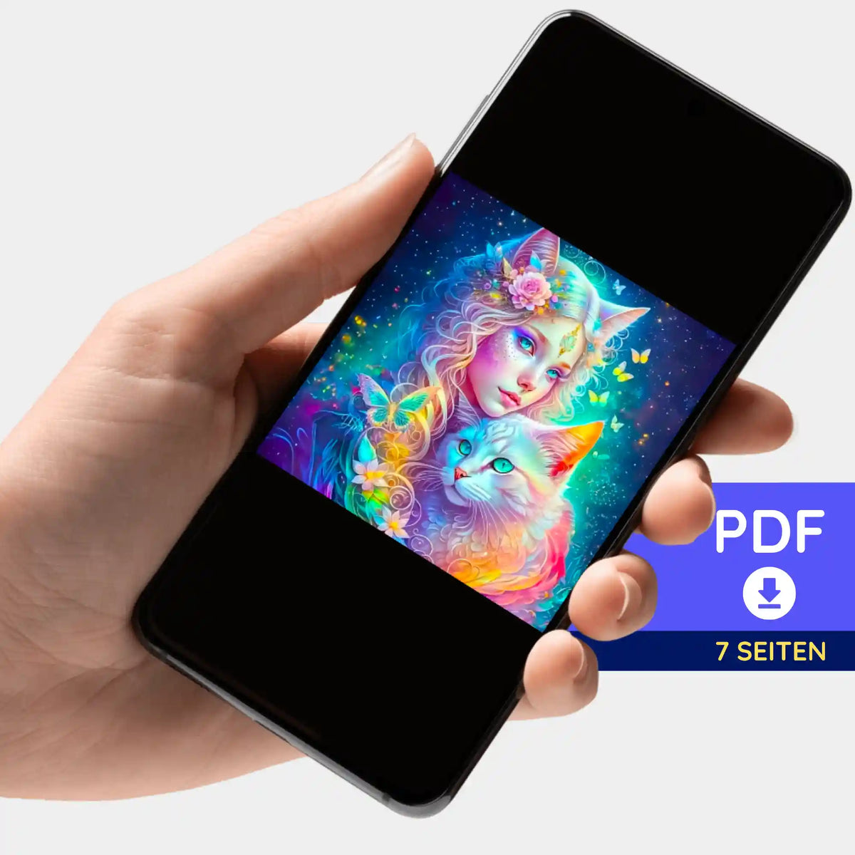 Digitale Katzenelfe Bildmappe für Diamond Painting als PDF Download auf Smartphone für kreative Bastelprojekte