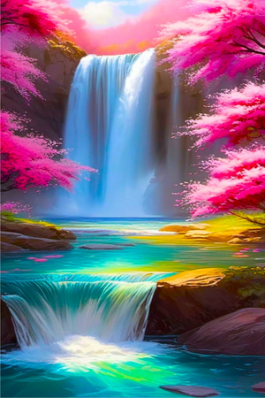 Diamond Painting Set mit Kirschblüten, Wasserfall und leuchtenden Farben auf funkelnder Leinwand