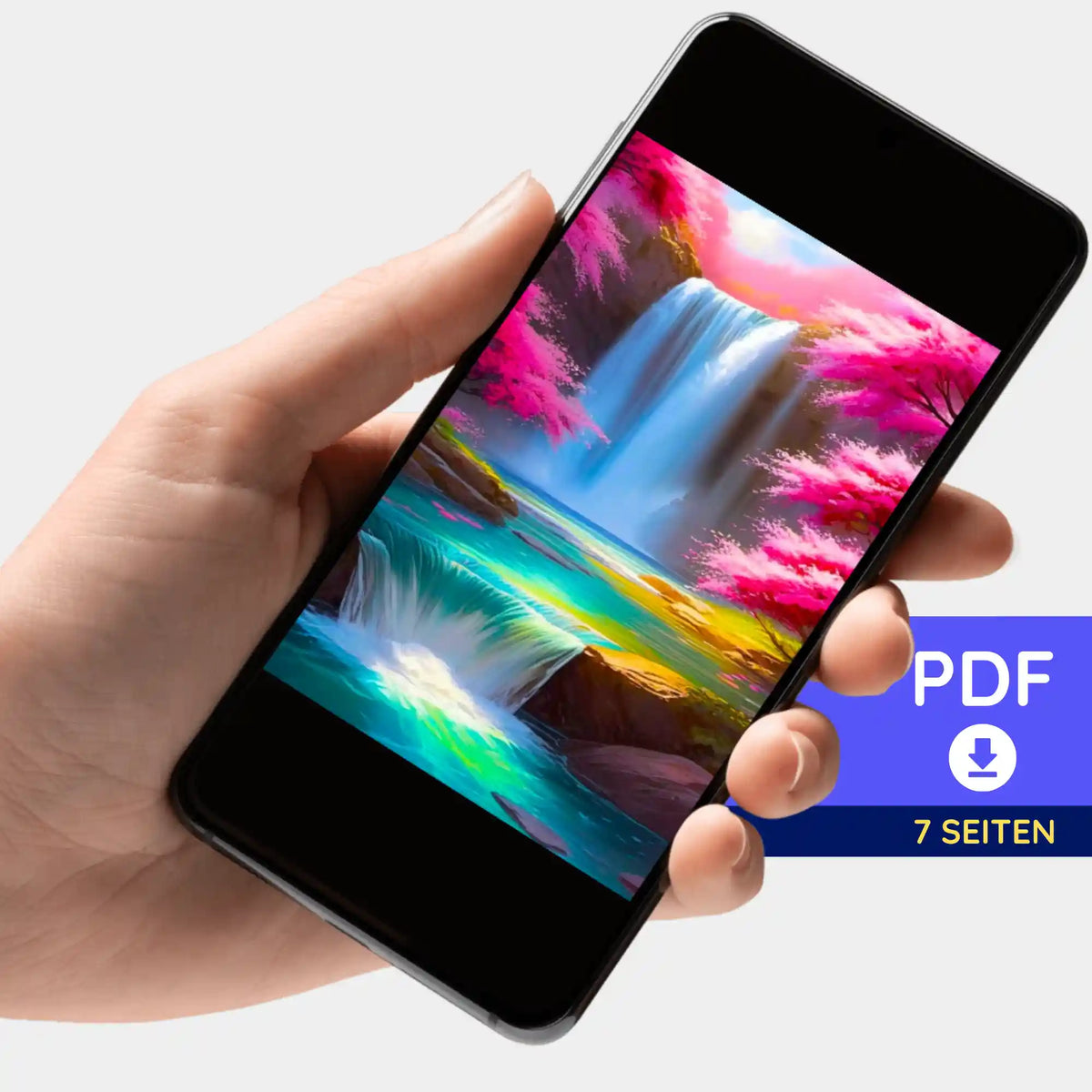 Digitale Picmondoo PDF-Bildmappe mit Kirschblüten am Wasserfall Motiv für Diamond Painting und Malen nach Zahlen