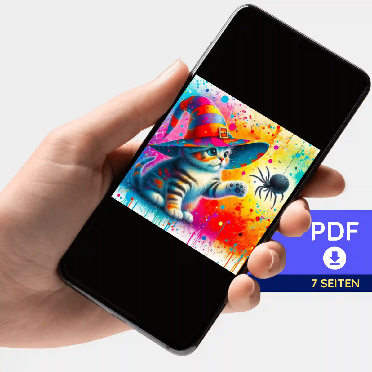 Smartphone mit digitaler PDF-Bildmappe für Diamond Painting Motiv Kitty Cat die Zauberkatze mit bunter Katze und Spinne