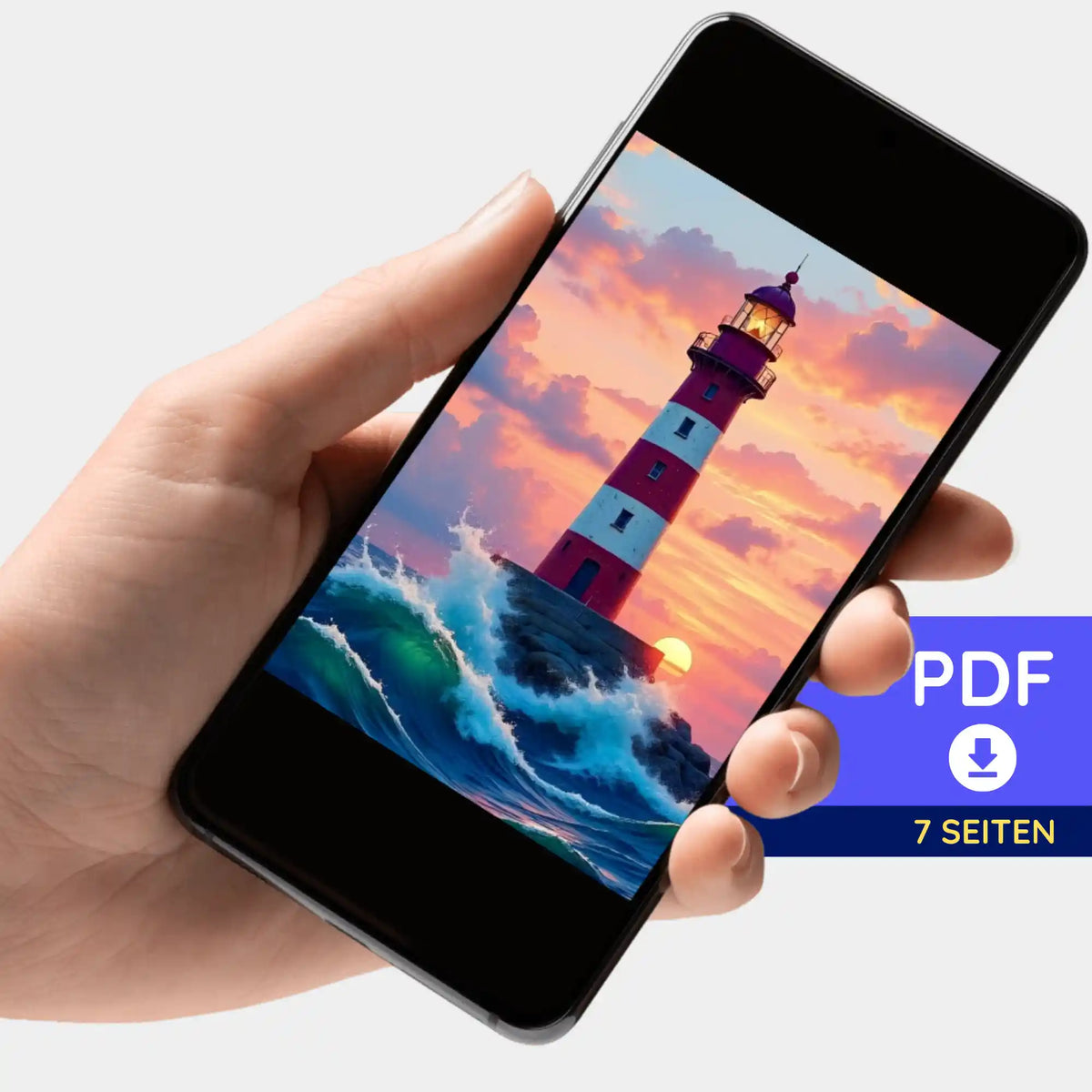 Smartphone mit digitaler PDF-Bildmappe für Diamond Painting Motiv Leuchtturm der Hoffnung mit Wellen bei Sonnenuntergang