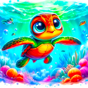 Buntes Diamond Painting Set mit niedlicher Babyschildkröte im farbenfrohen Korallenriff und schimmernden Strasssteinen.