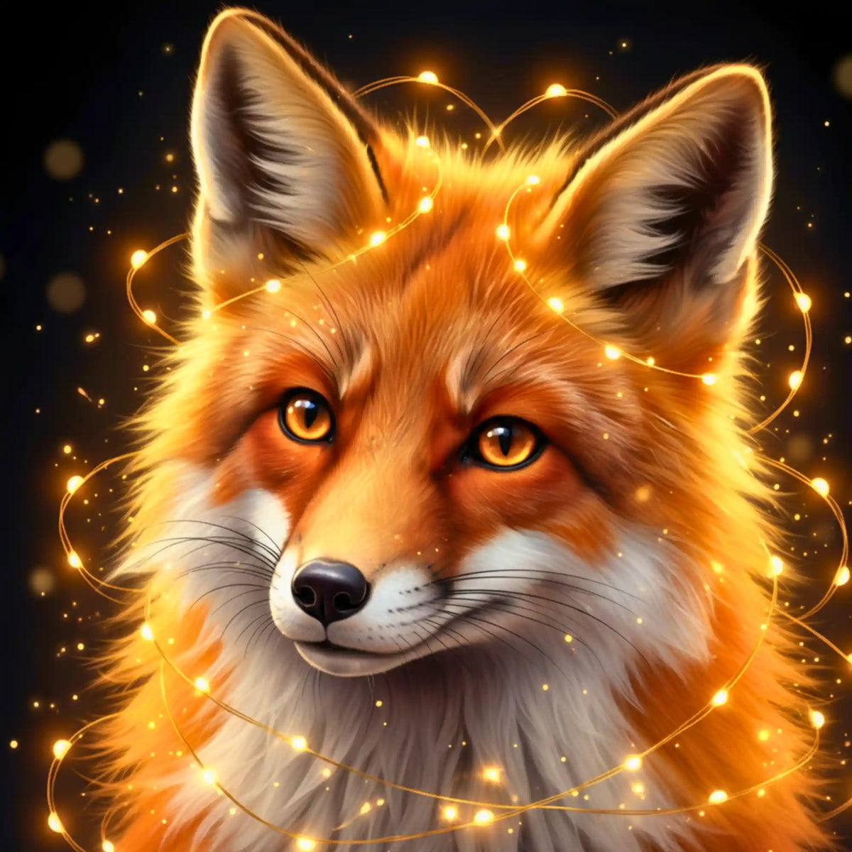 Diamond Painting Fuchs Lyra mit leuchtenden magischen Funken, detailreiches DIY-Set Motiv für ein glänzendes Tierbild.