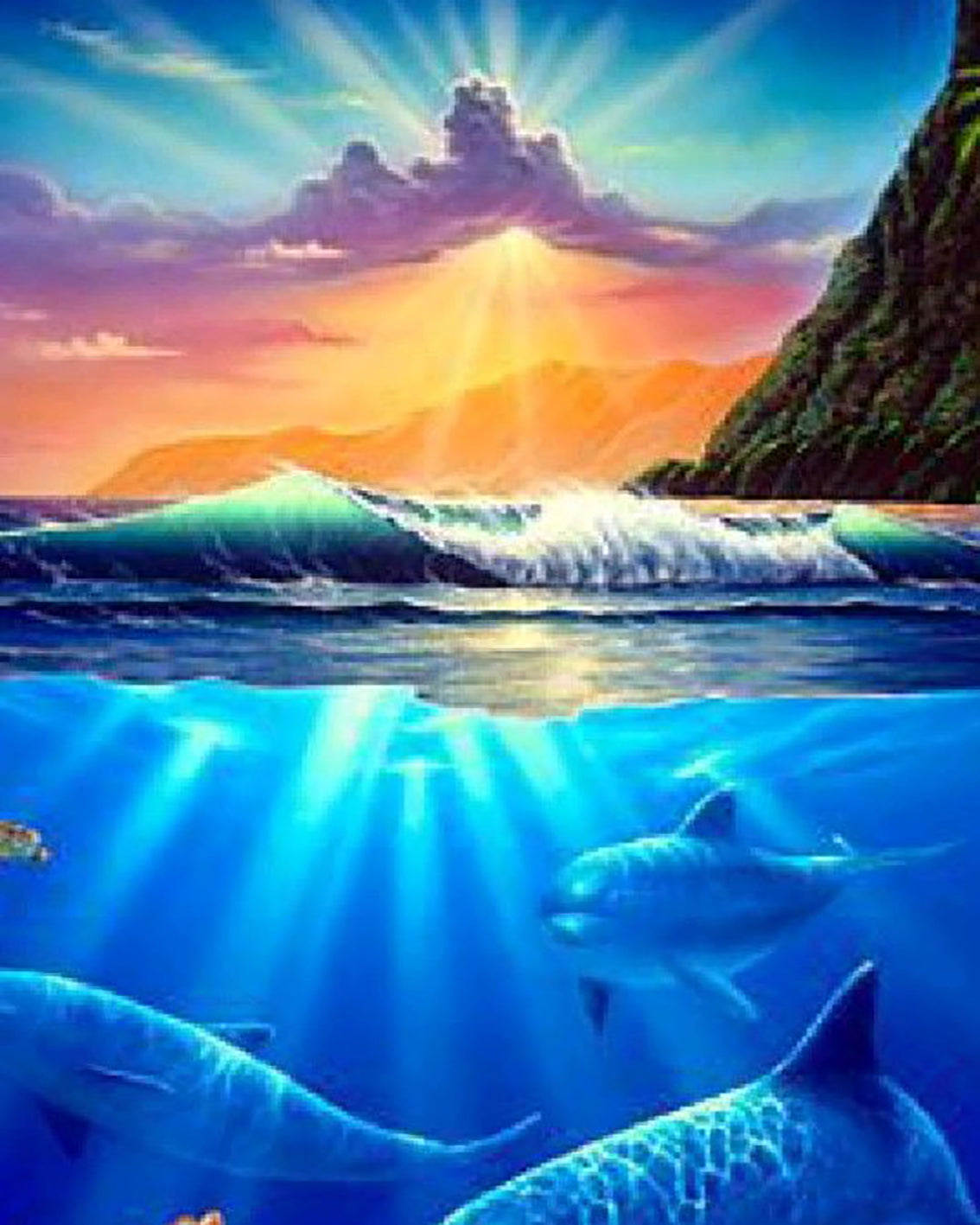 Malen nach Zahlen Set für Erwachsene: Farbenprächtiger Sonnenuntergang über dem Meer mit Delfinen unter Wasser.