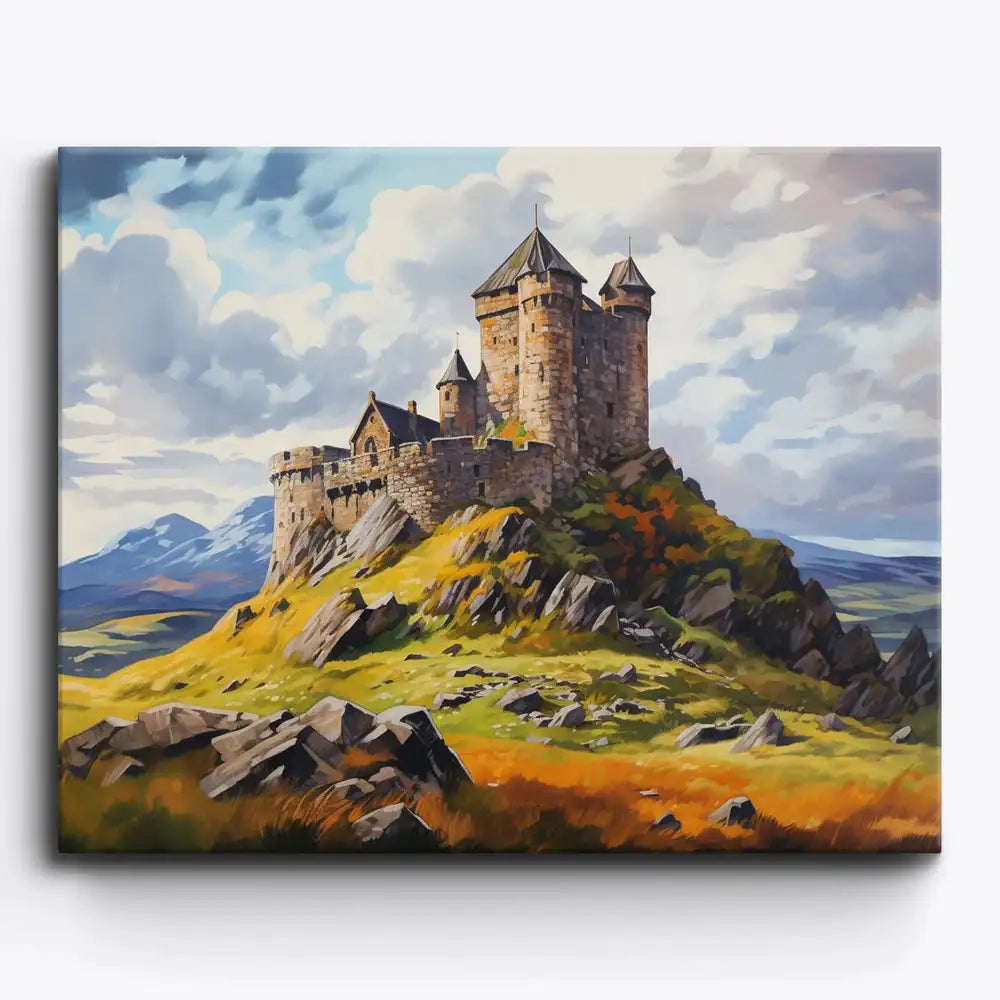 Malen nach Zahlen für Erwachsene: Wächter der Berge, Burg auf Felsenhügel mit goldenem Gras und blauem Wolkenhimmel.