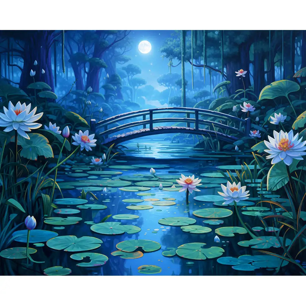 Malen nach Zahlen für Erwachsene: Seerosen im Mondlicht mit Bogenbrücke in blauem Teich als fertiges DIY-Kunstwerk