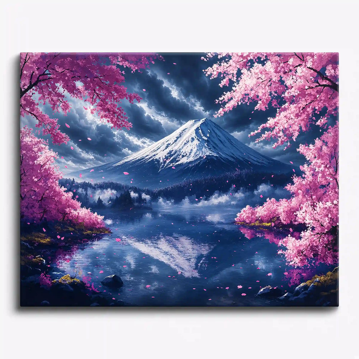 Malen nach Zahlen Erwachsene: Schneebedeckter Berg Fuji umrahmt von rosa Kirschblüten am See