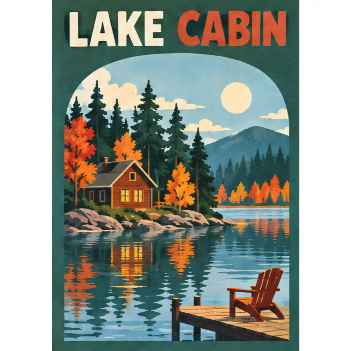Malen nach Zahlen Lake Cabin: Holzhütte am See mit Herbstbäumen, Steg und Holzstuhl im Retro-Poster-Stil