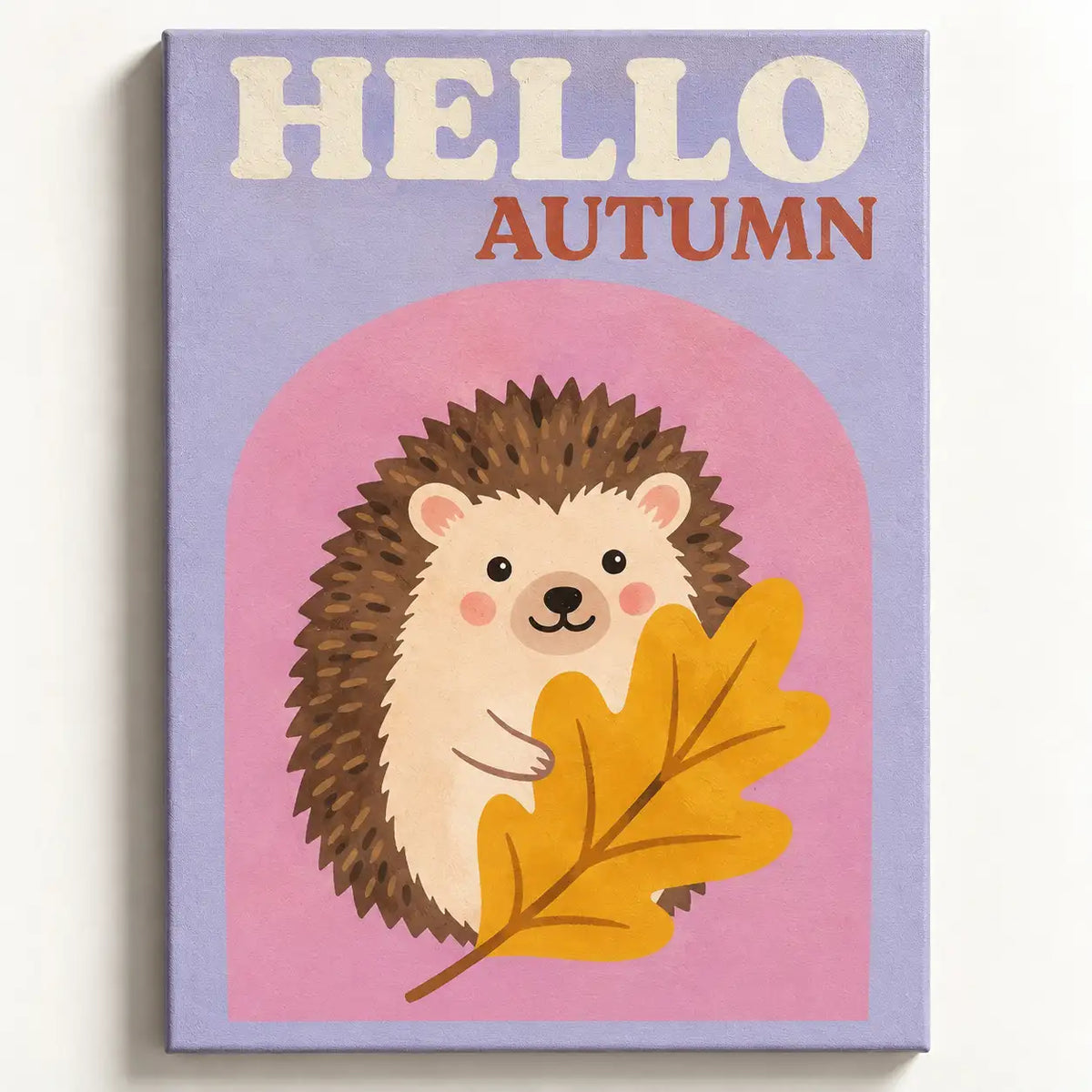 Malen nach Zahlen Hello Autumn: lächelnder Igel mit goldenem Herbstblatt vor rosa Bogen auf lila Leinwand