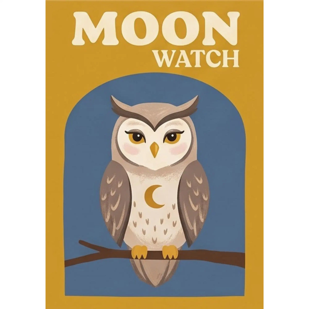 Malen nach Zahlen Moon Watch: Eule mit Halbmond auf Ast vor blauem Bogen, ockergelber Hintergrund