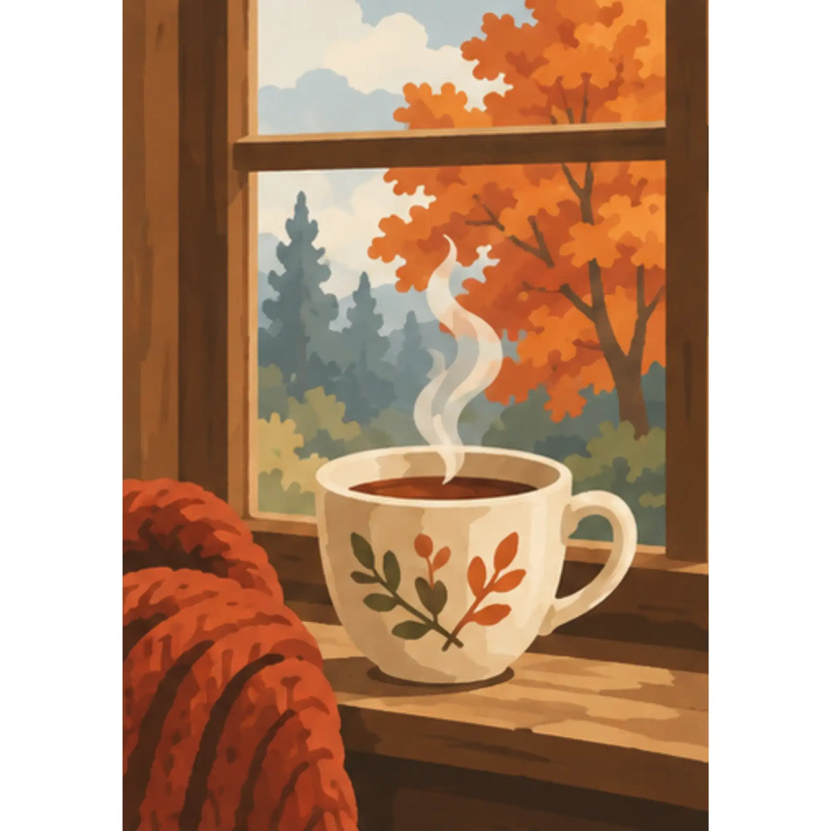 Malen nach Zahlen Motiv: dampfende Teetasse auf der Fensterbank, rostrote Decke und orangefarbener Herbstbaum