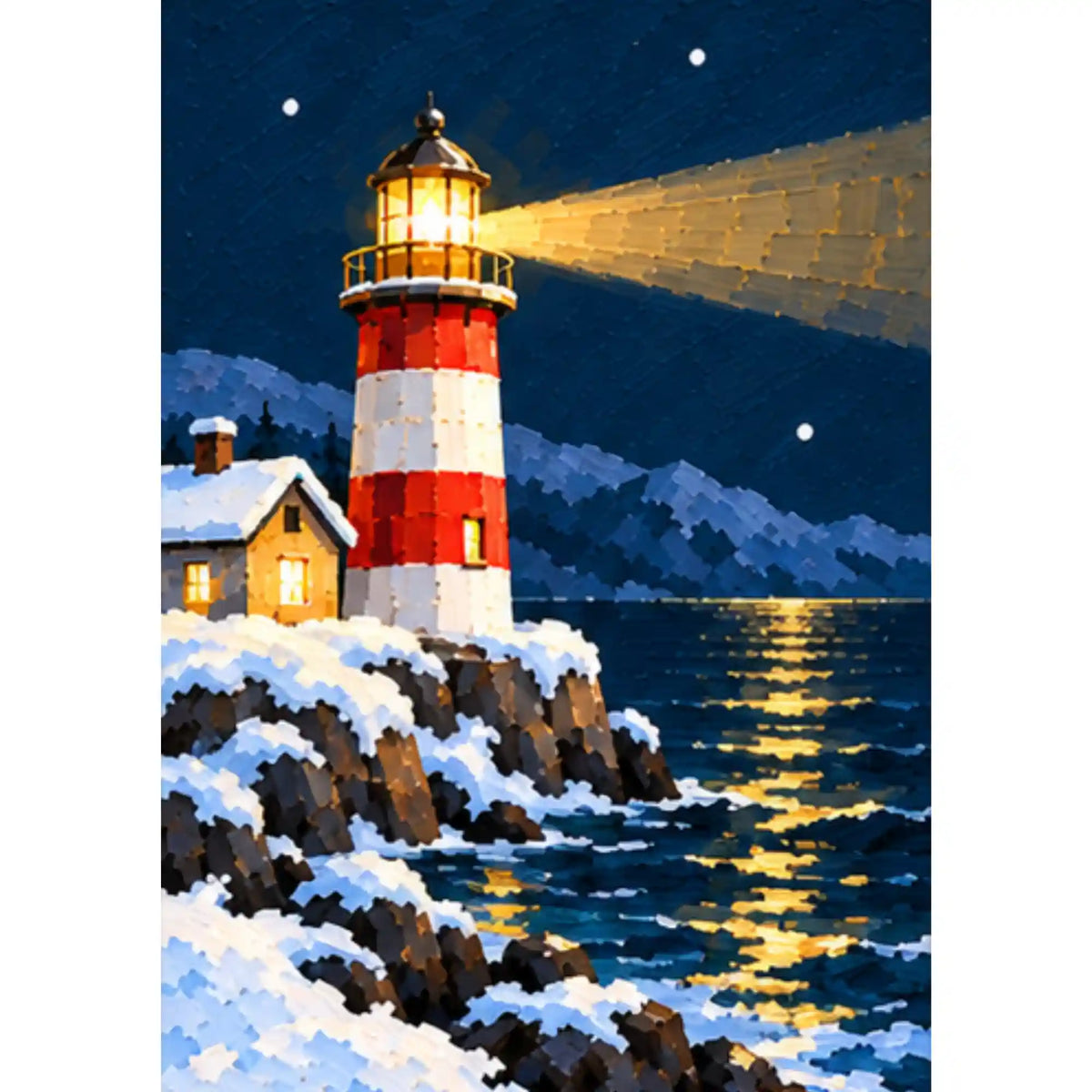 Malen nach Zahlen: rot-weißer Leuchtturm mit goldenem Lichtstrahl auf verschneiten Klippen am nächtlichen Meer