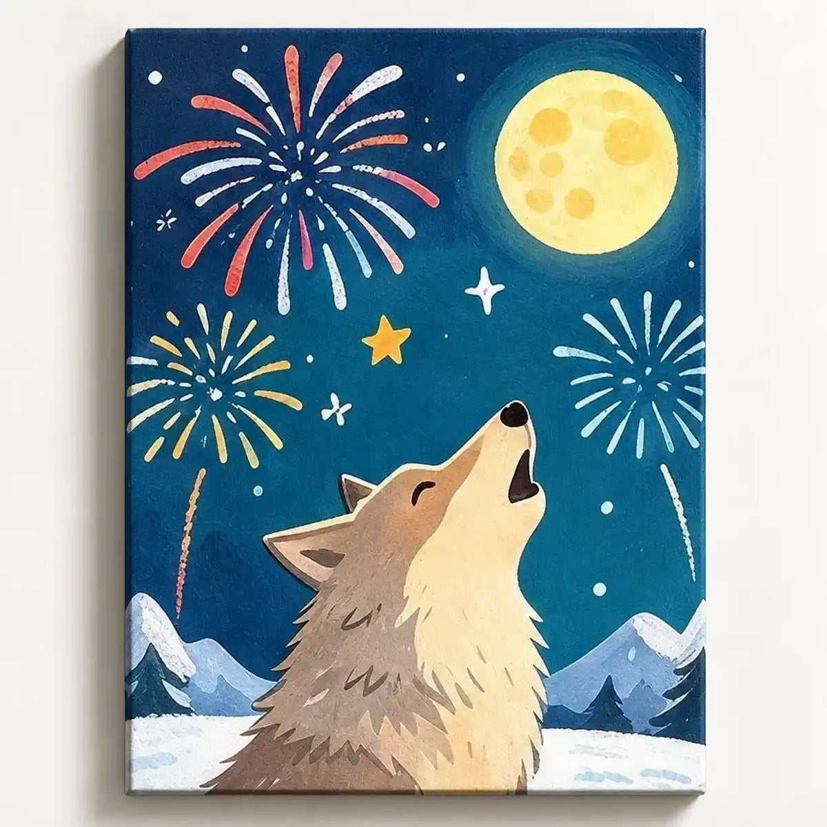 Malen nach Zahlen Erwachsene: Heulender Wolf unter Vollmond und buntem Feuerwerk vor verschneiten Bergen auf Leinwand