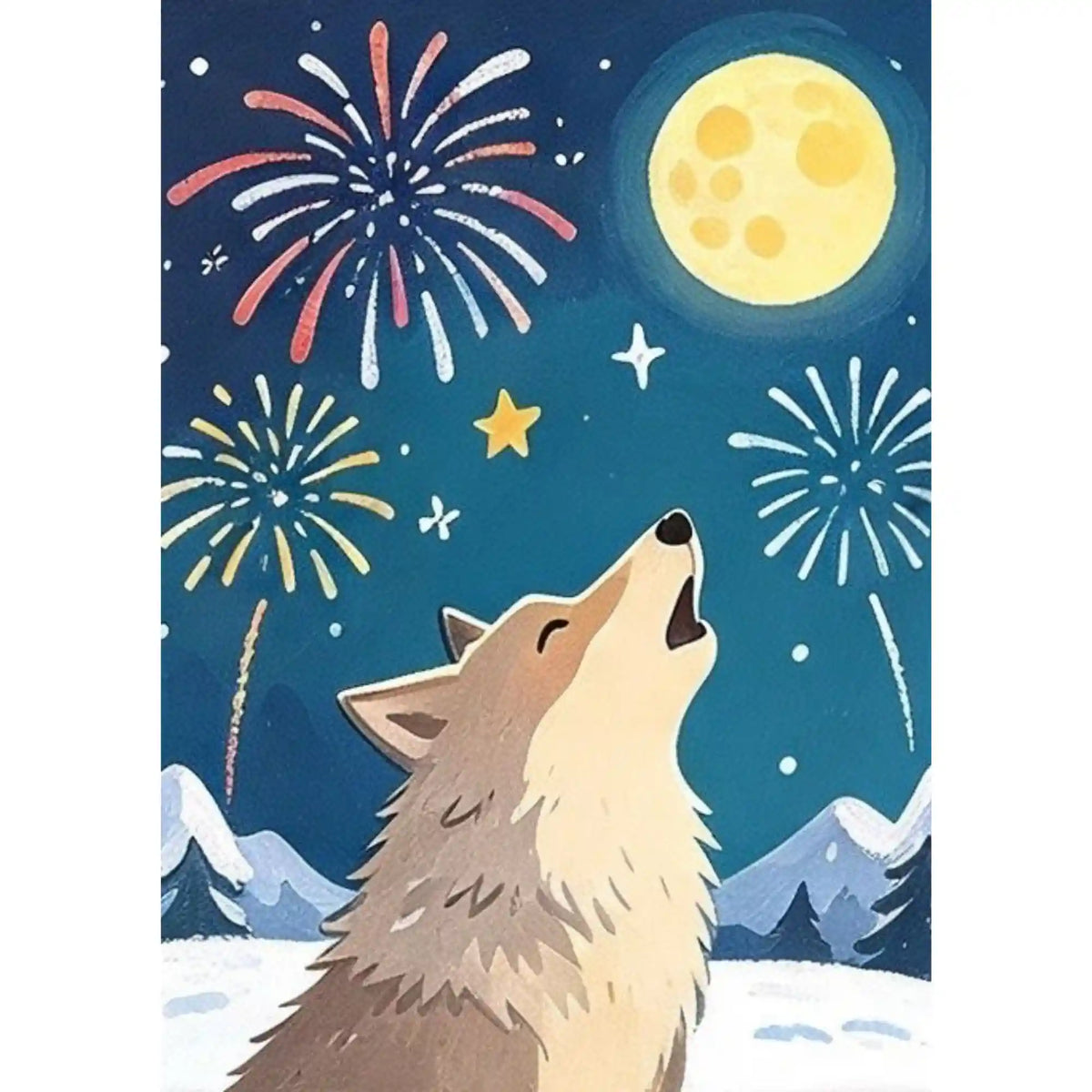 Malen nach Zahlen: Heulender Wolf vor gelbem Vollmond, bunte Feuerwerke und verschneite Berge am blauen Nachthimmel