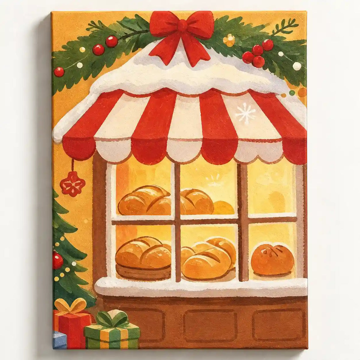 Malen nach Zahlen Weihnachtsbäckerei: Bäckerfenster mit Broten, rot-weißem Vordach, Schleife, Tannenzweigen und Geschenken