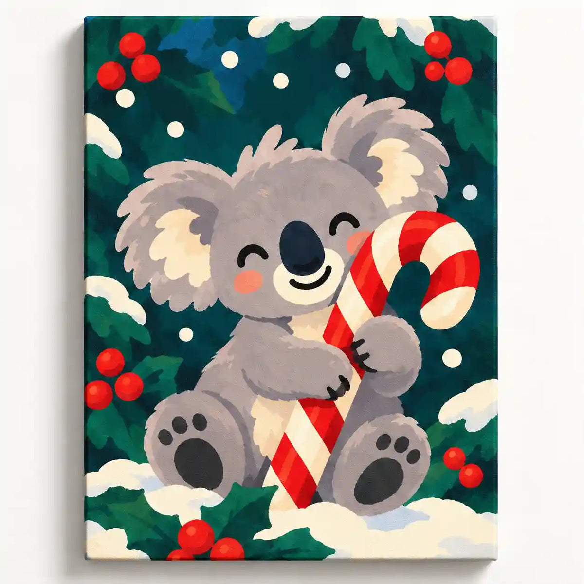 Malen nach Zahlen: lächelnder Koala umarmt Zuckerstange zwischen Tannenzweigen, roten Beeren und Schneeflocken