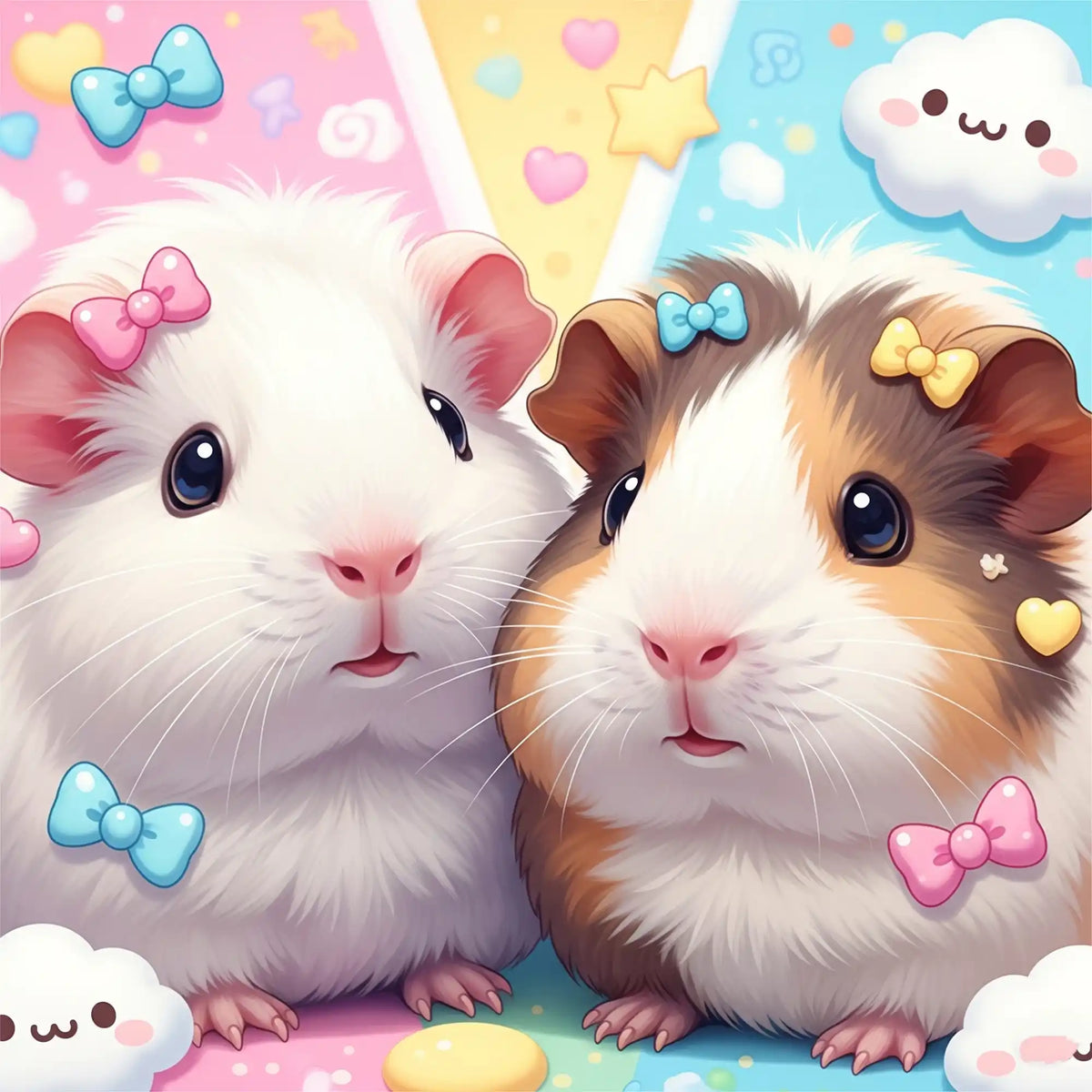 Diamond Painting Set mit zwei niedlichen Meerschweinchen, verziert mit bunten Schleifen, auf pastellfarbenem Hintergrund