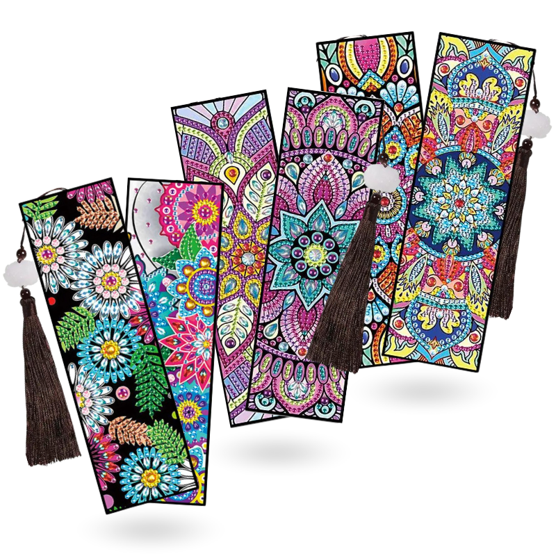 Diamond Painting Lesezeichen Set mit bunten Blumen- und Mandala-Motiven und eleganten Quasten.