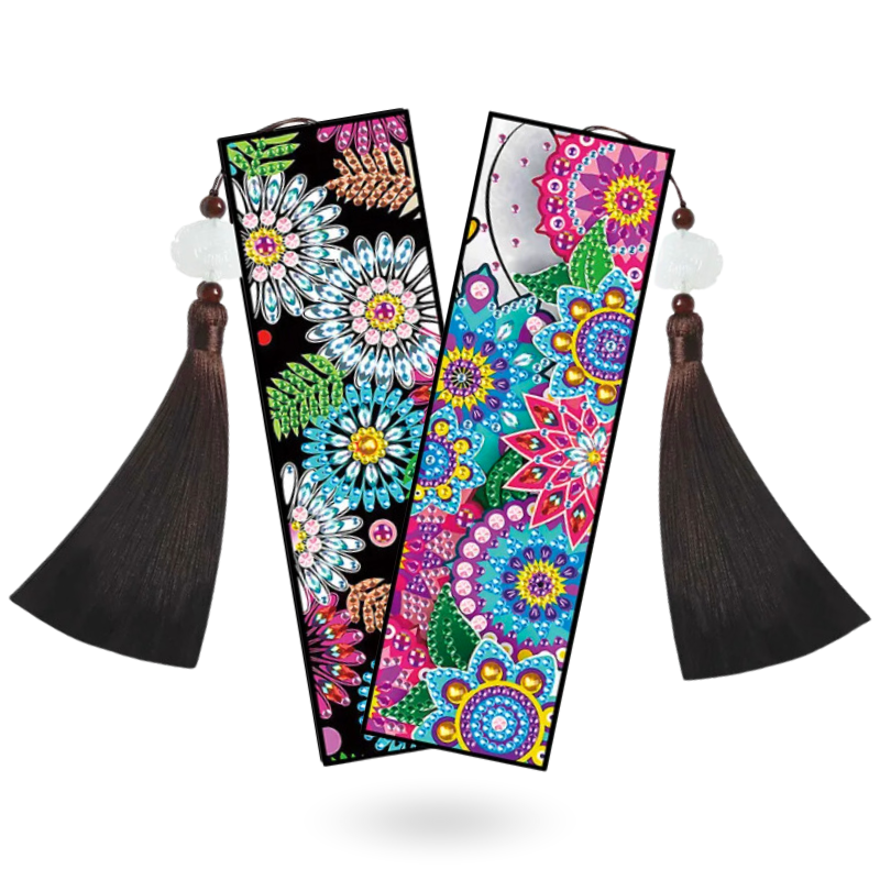 2er Set Diamond Painting Lesezeichen mit buntem Mandala und Blumen Motiv und eleganten Quasten für Bücher.