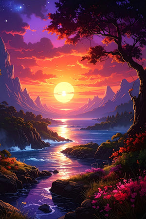 Diamond Painting Set Melodie des Lichts: Magische Berglandschaft mit Fluss und farbenfrohem Sonnenuntergang