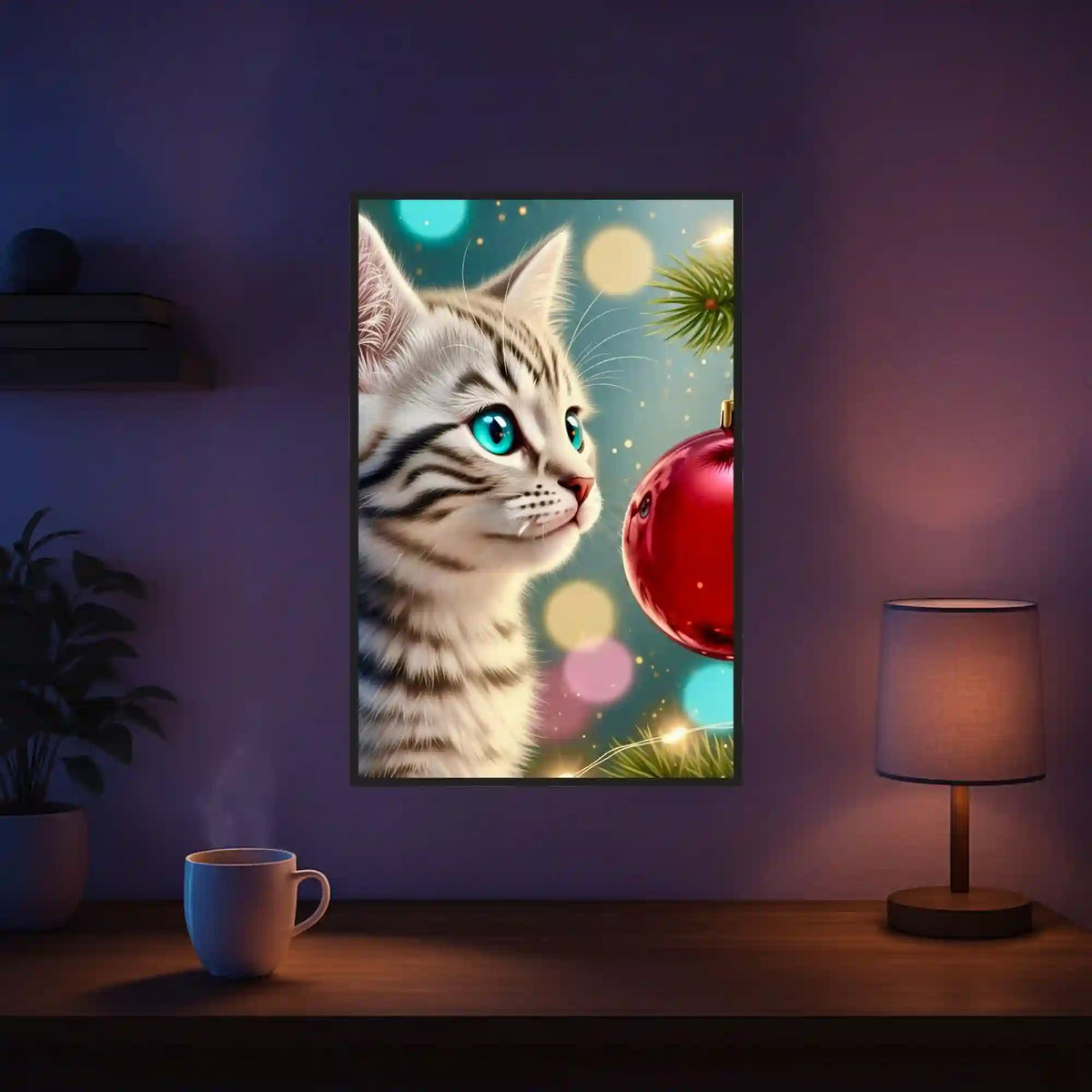 Diamond Painting Set Minka: Süße Katze mit blauen Augen und Weihnachtskugel als glitzerndes Tierportrait im Winter