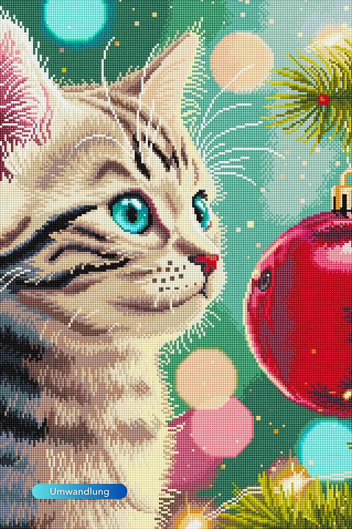 Diamond Painting Minka Katze mit blauen Augen, roter Weihnachtskugel und Tannenzweig in festlicher Winter-Optik