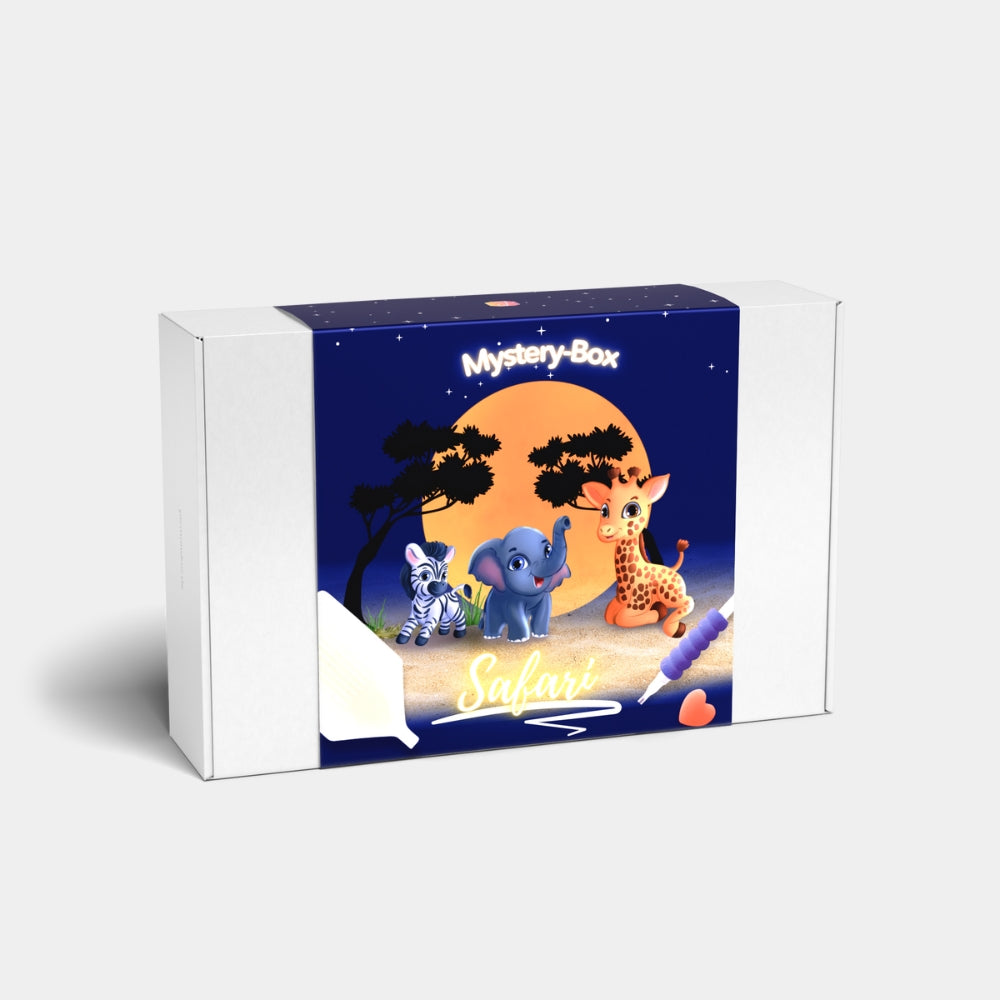 Diamond Painting Mystery-Box Safari mit niedlichen Tiermotiven, perfekt als kreatives Diamond Painting Set für Erwachsene.