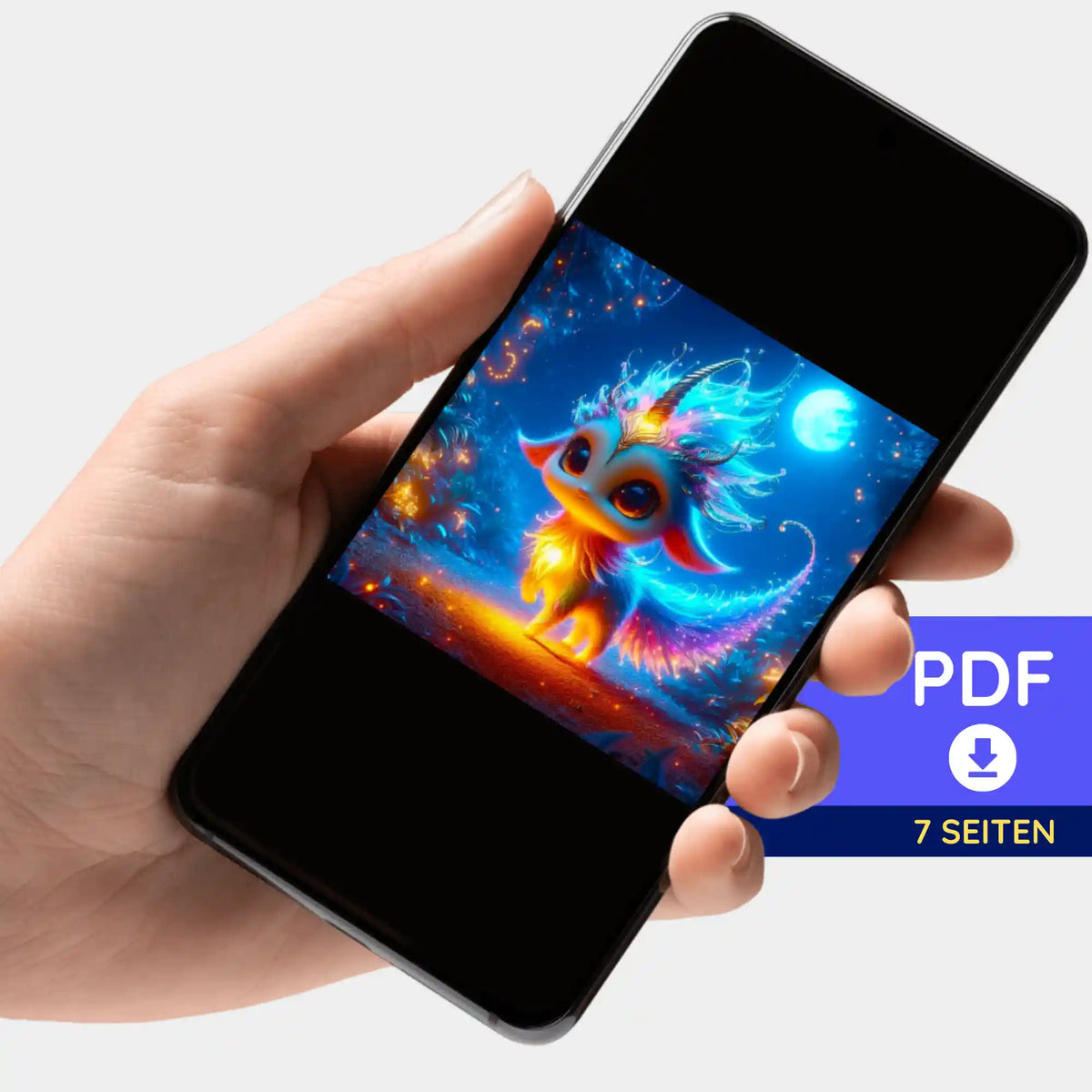 Digitale PDF-Bildmappe zum Diamond Painting Mondscheintanz auf dem Smartphone präsentiert