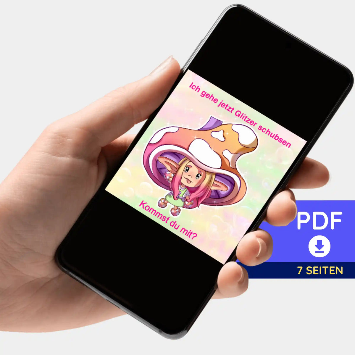 Smartphone mit digitaler Picmondoo Diamond Painting Bildmappe als PDF für das Motiv Moni Shroomi zum kreativen Basteln