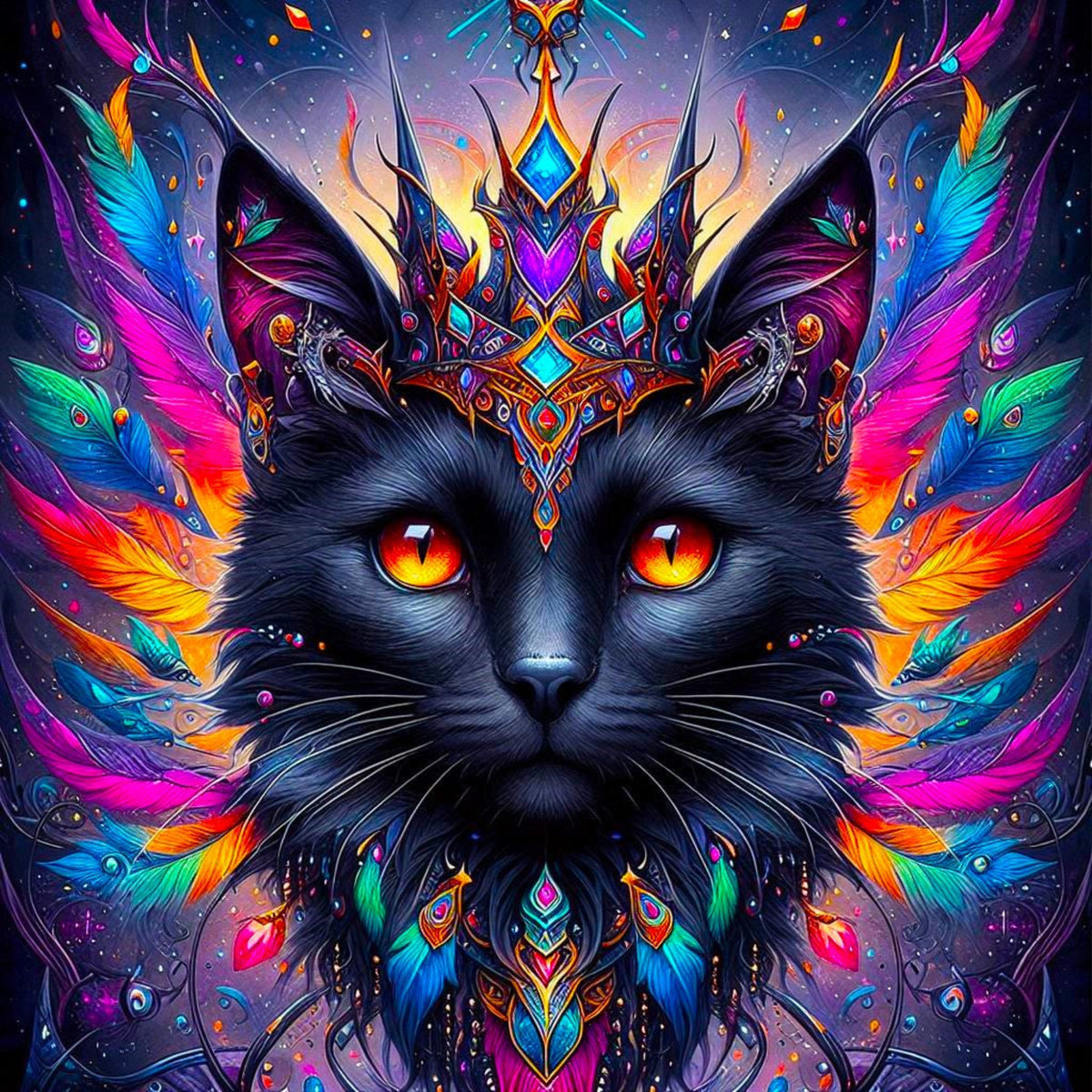Diamond Painting Set Mystic Colorsplash Cat mit schwarzer Katze, bunten Federn und funkelnden Schmucksteinen im Fantasy-Look