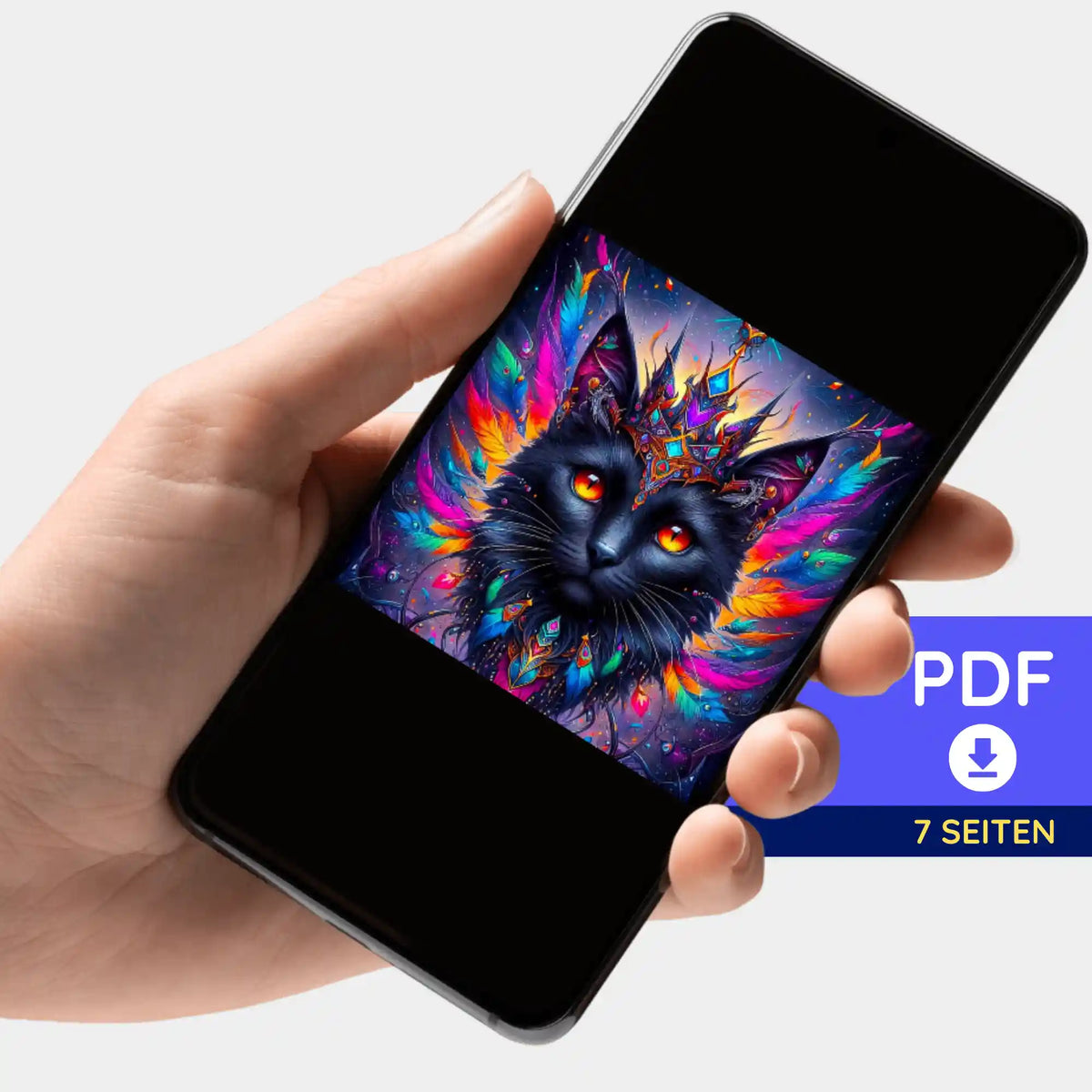 Digitale Diamond Painting PDF-Bildmappe der bunten Mystic Cat auf dem Smartphone zur Ansicht für dein DIY-Projekt.