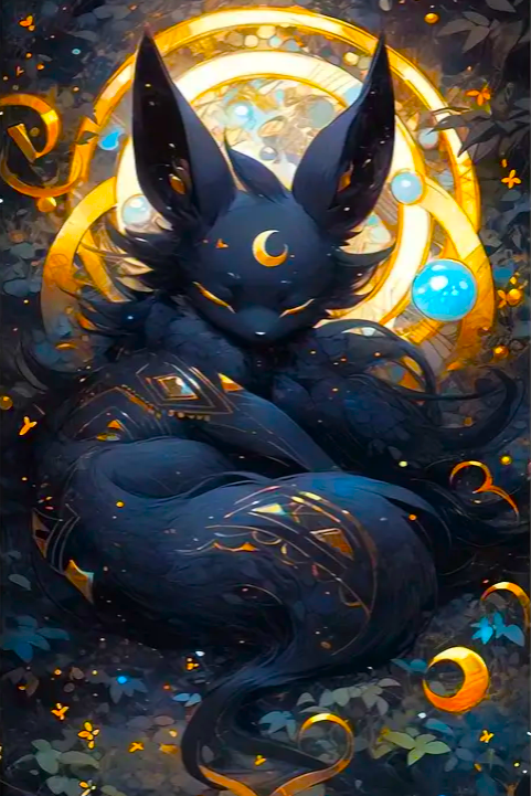 Diamond Painting Mystisches Nachtwesen mit goldenen Details und glitzernden Strasssteinen als dekoratives Fantasy-Motiv