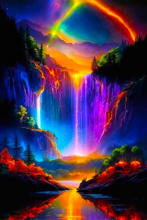 Diamond Painting Set Nachtleuchten am Wasserfall mit leuchtenden Farben, Berglandschaft und Sternenhimmel