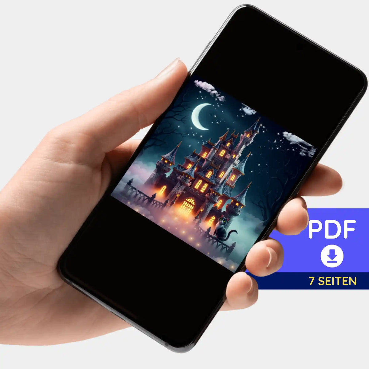Digitale PDF-Bildmappe mit Nachtschloss-Motiv für Diamond Painting oder Malen nach Zahlen auf dem Smartphone