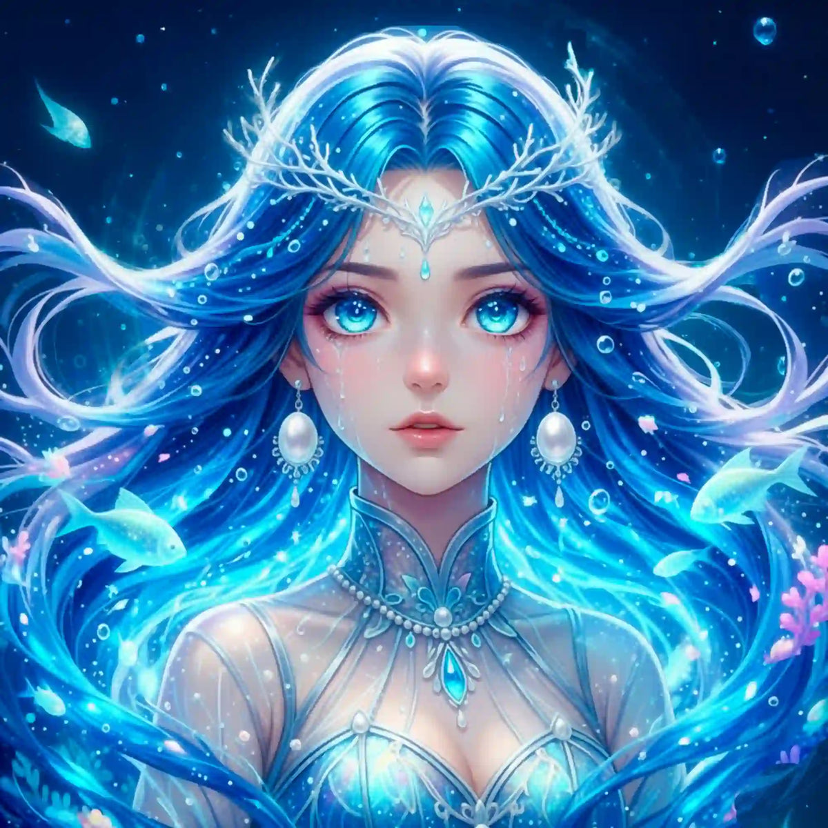 Diamond Painting Nerelya Hüterin der Tiefe mit Fantasy Märchen Motiv einer magischen Wasserfrau mit blauem Haar.