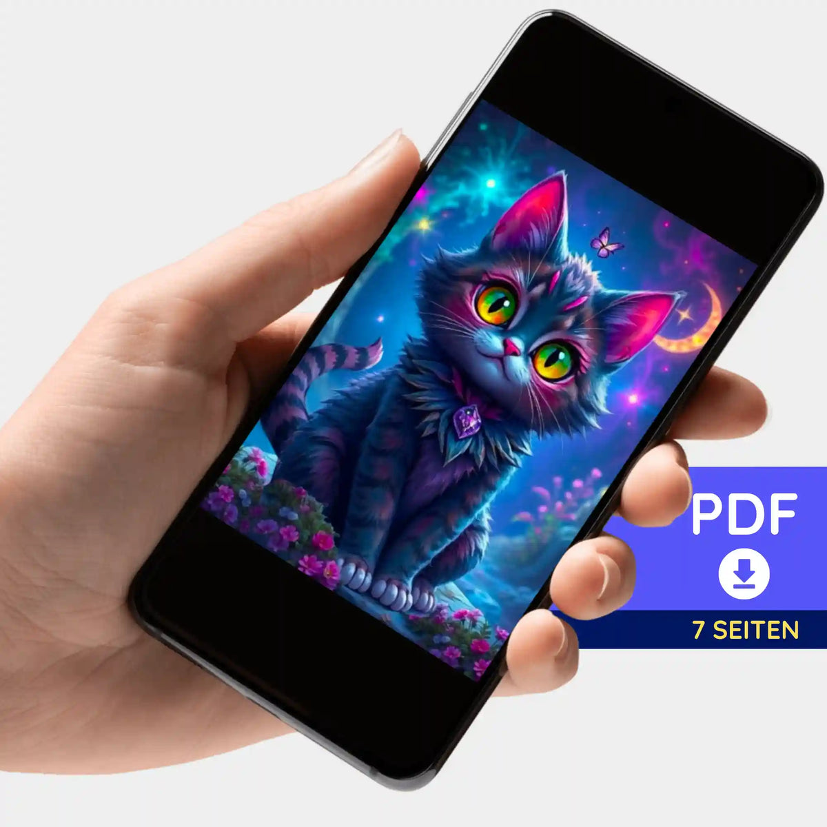 Digitale PDF-Bildmappe zur Diamond Painting Night Cat Vorlage auf dem Smartphone für kreatives DIY-Basteln