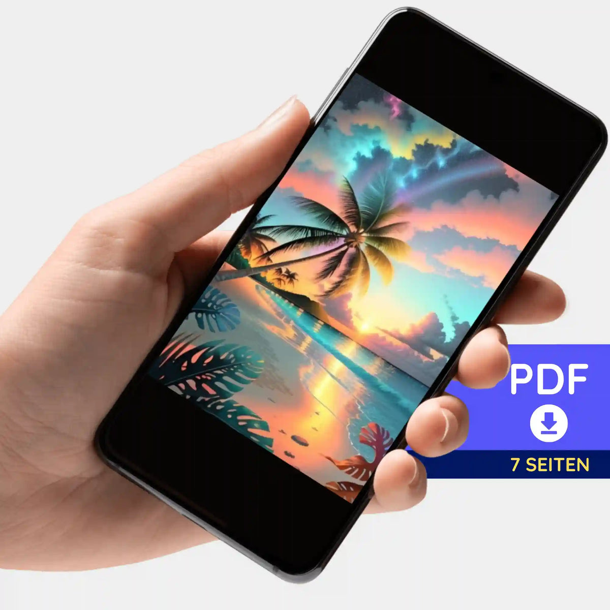 Digitale PDF-Bildmappe mit Palmenmotiv für Diamond Painting auf einem Smartphone angezeigt