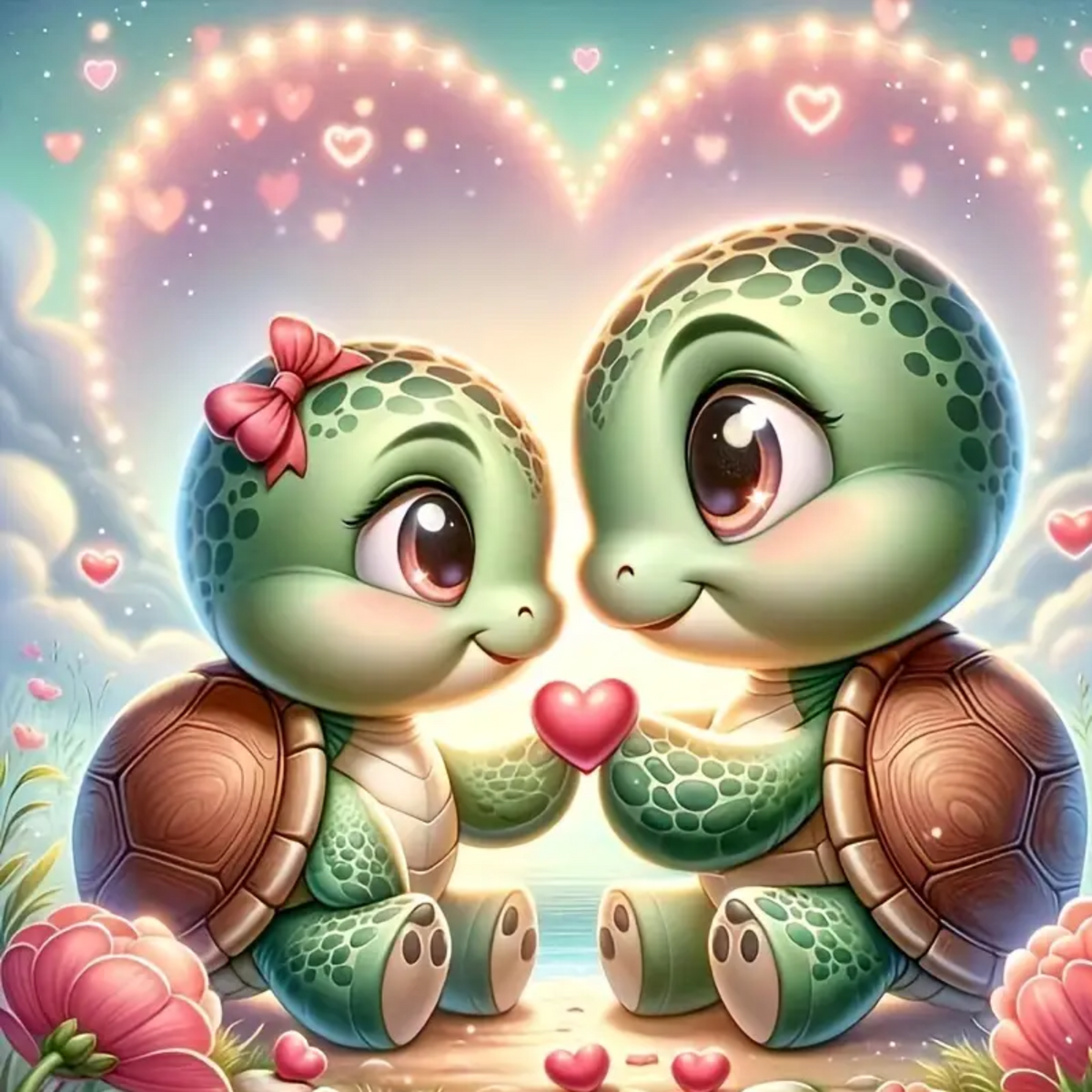 Diamond Painting Set Paul und Paulinchen mit süßen Schildkröten, Herzmotiv und bunten Strasssteinen.