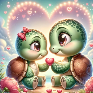 Diamond Painting Set Paul und Paulinchen mit süßen Schildkröten, Herzmotiv und bunten Strasssteinen.