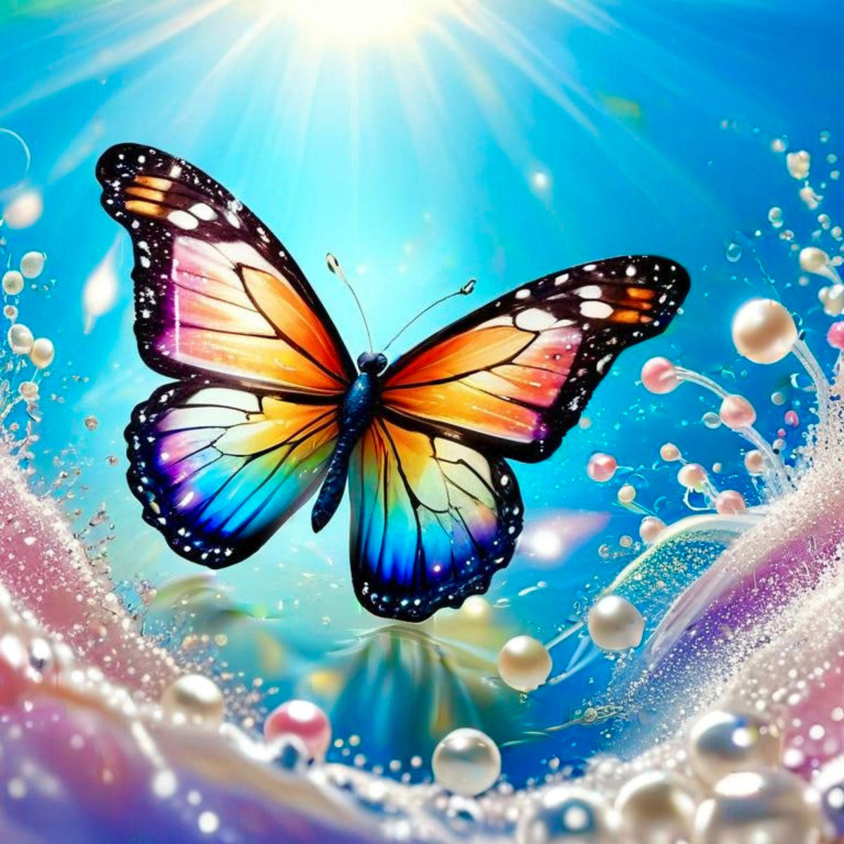 Diamond Painting Set eines bunten Schmetterlings mit Perlen und strahlender Sonne auf blauem Fantasy-Hintergrund