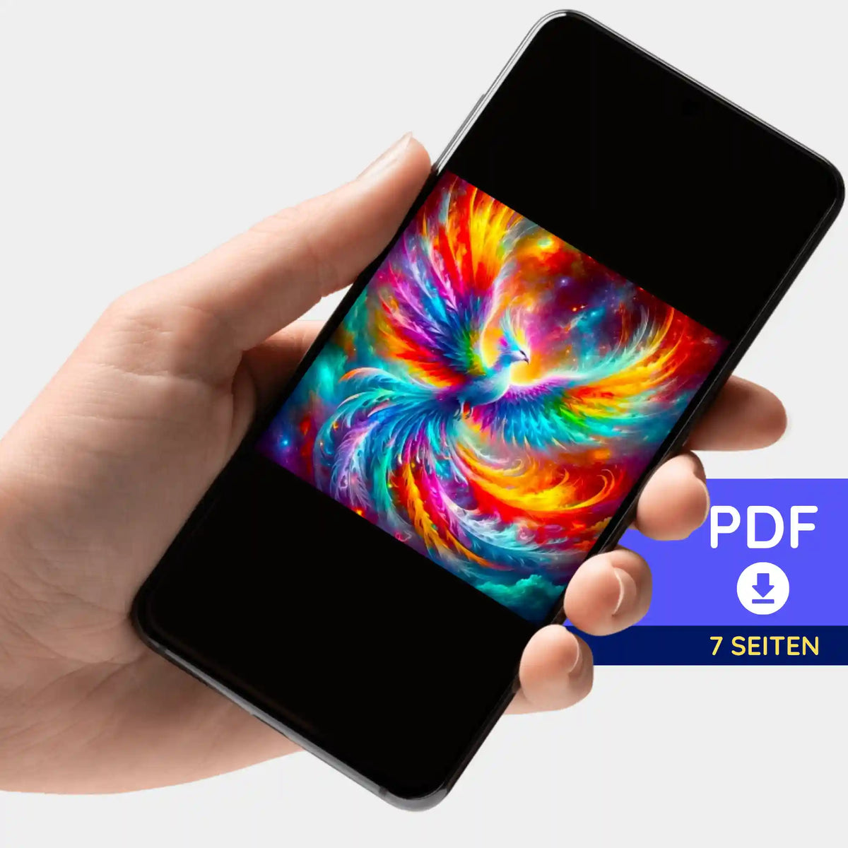 Digitale PDF-Bildmappe zum Diamond Painting mit buntem Phönix-Motiv auf Smartphone-Display
