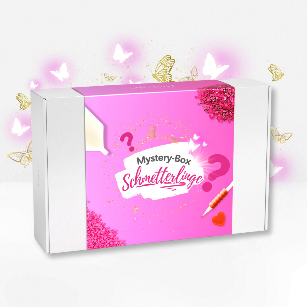 Pinke Diamond Painting Mystery-Box zum Thema Schmetterlinge mit glitzernden Steinchen und Bastelzubehör für kreative DIYs