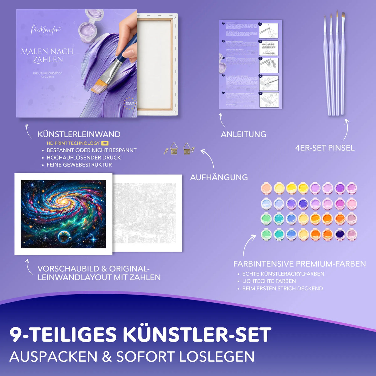 Malen nach Zahlen Set Unendliche Weiten mit Galaxie-Motiv, Acrylfarben, Pinseln, Leinwand und Anleitung von Picmondoo.