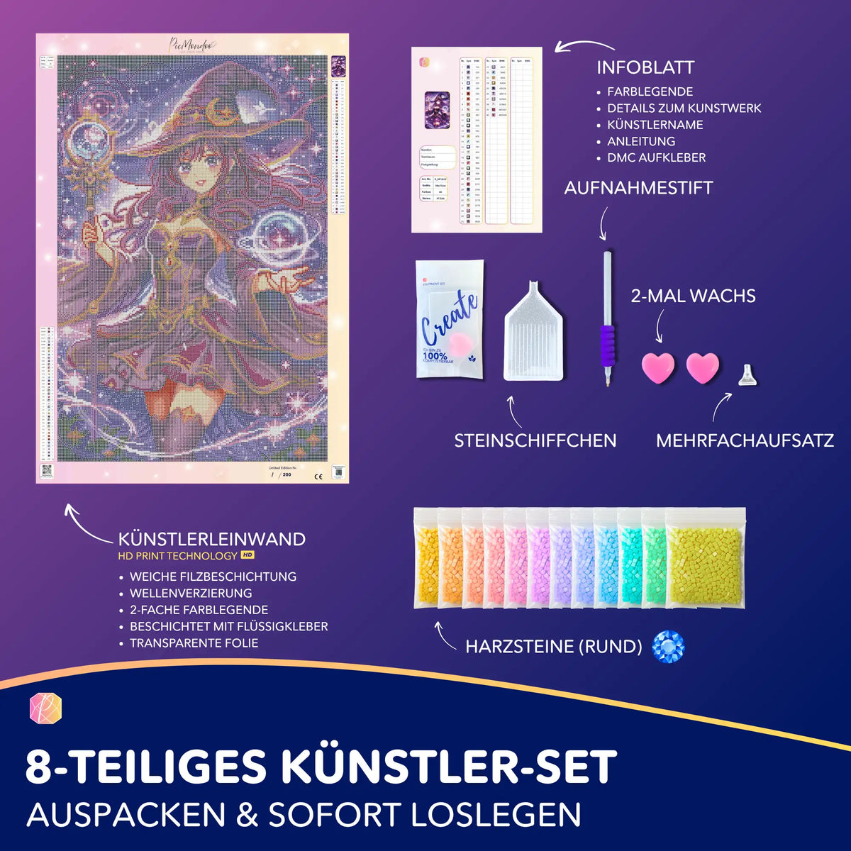 Diamond Painting Set Celestara mit Anime Zauberin, runden Steinen, Werkzeug und Zubehör für kreative DIY-Kunstwerke.