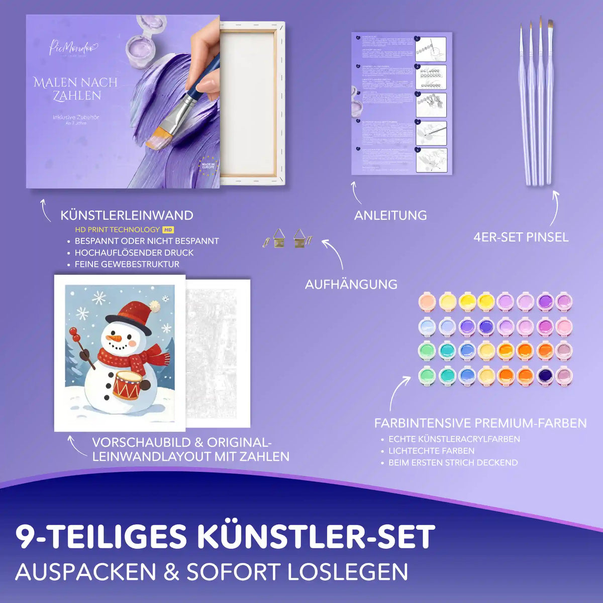 Malen nach Zahlen Set mit Schneemann-Motiv: Leinwand, Acrylfarben, 4 Pinsel, Anleitung und Aufhängung für Erwachsene